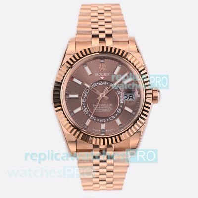 ES Factory Swiss Replica Rolex Sky-Dweller World Timer Rose Gold Brown Face Jubilee Watch 